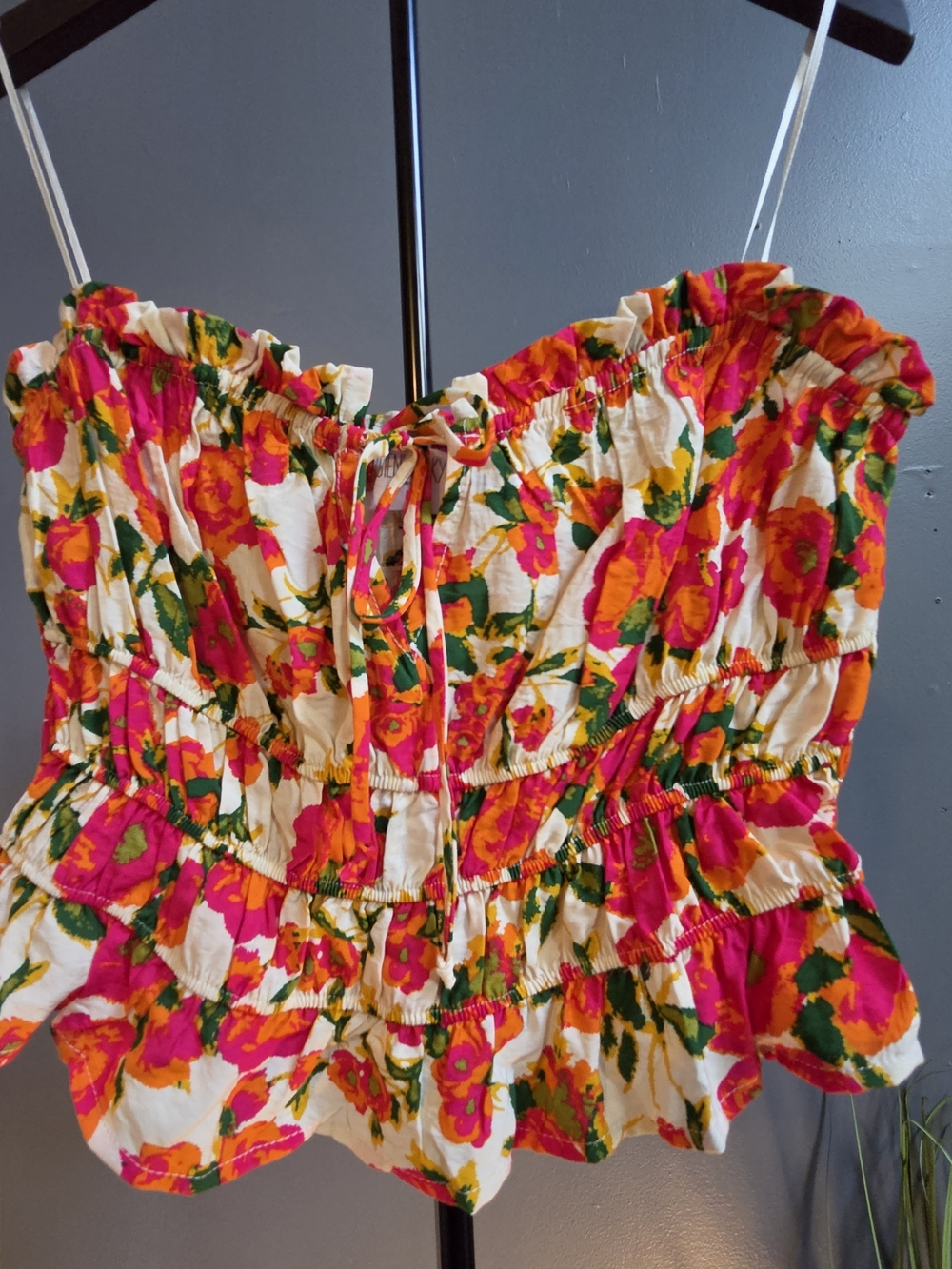 Beautiful! Floral Smocked Crop/Tube Top — Pink, Orange- Size Large